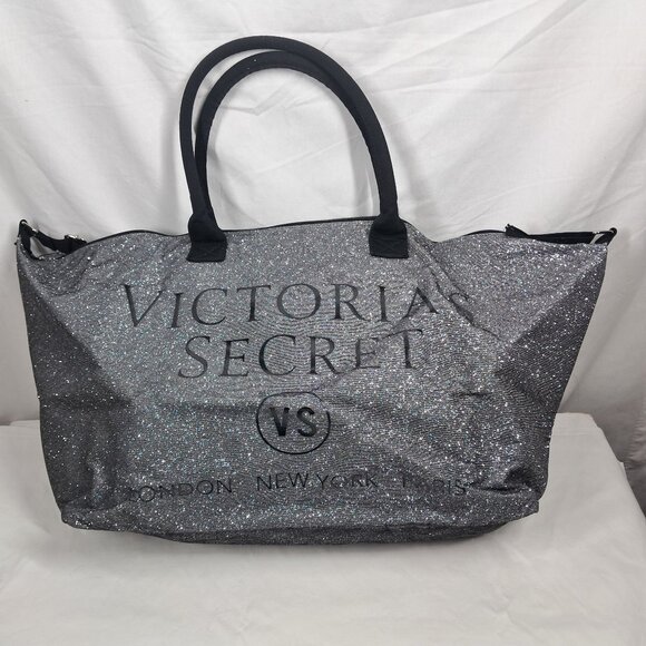 Victoria's Secret Glitter Silver Black "London,New York,Paris" Duffle Weekender - Picture 1 of 12